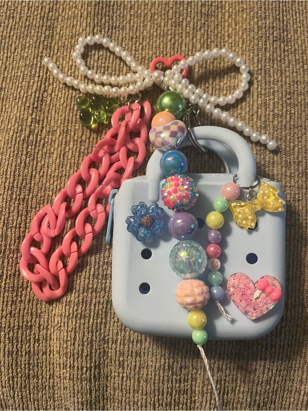 Pastel Blue Bag Charm with Pink Chain and Multicolor Beads
